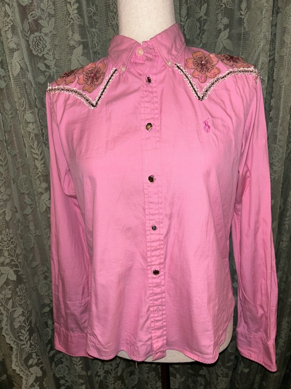 Ralph Lauren Sport Pink Floral Sequined Western Cowgirl Button-Up Shirt